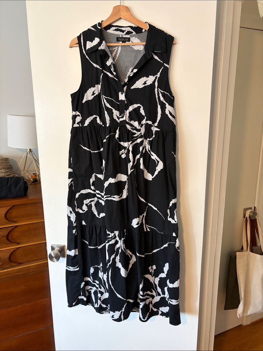 Black & White Floral Sleeveless Cotton Midi Dress by Rachel Zoe